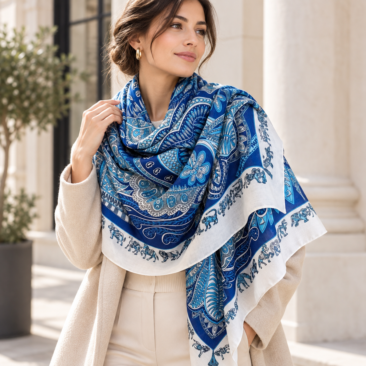 Gemviera | Azure Elephant Paisley Silk Scarf