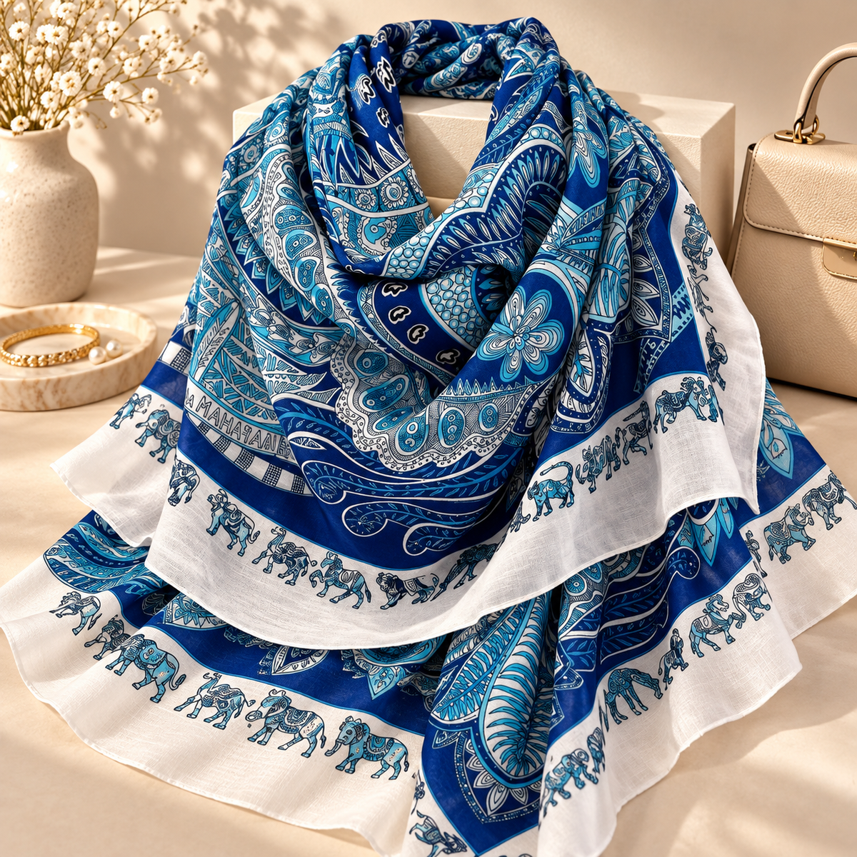 Gemviera | Azure Elephant Paisley Silk Scarf